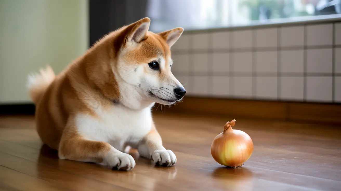 A Shiba Inu dog sitting on a wooden floor, intently staring at an onion