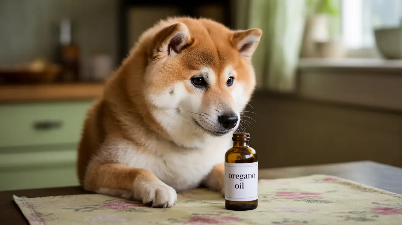 A Shiba Inu dog sitting next to a bottle of oregano oil on a decorative table mat