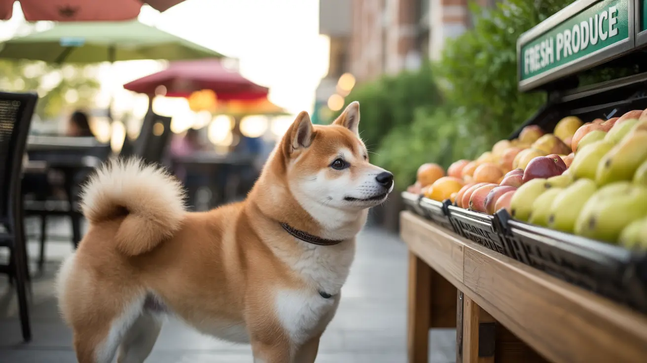 A Shiba Inu standing attentively next to a fresh produce display at an outdoor market