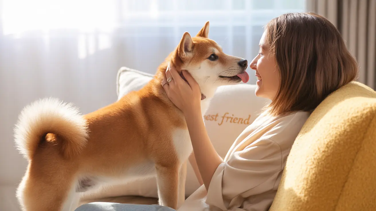 A tender moment between a Shiba Inu and its owner sharing an affectionate interaction near a window