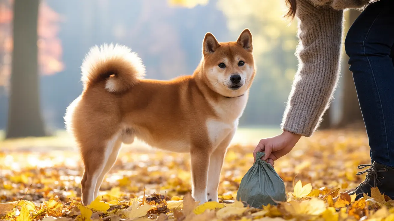 Shiba Inu dog owner cleaning up dog waste with a bag in an autumn park