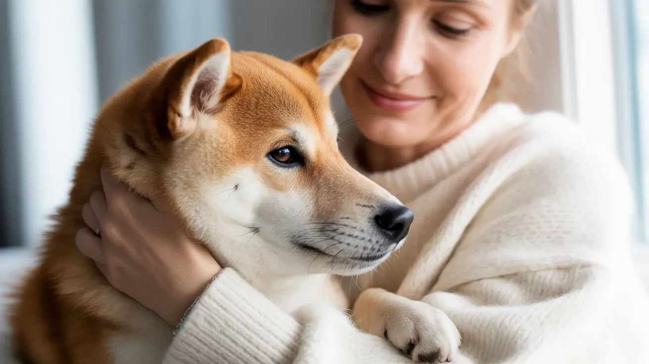 A tender moment between a Shiba Inu and its owner, with the dog being gently embraced in a cozy indoor setting.