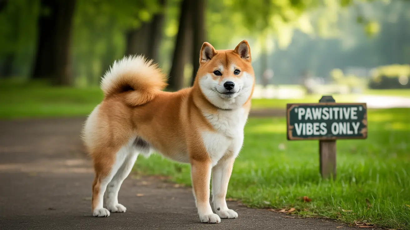 A beautiful Shiba Inu standing on a park pathway with a 'Pawsitive Vibes Only' sign