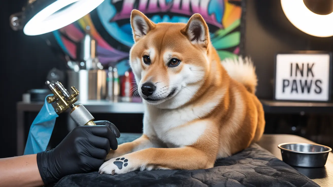 Um cachorro Shiba Inu fazendo uma tatuagem de impressão de pata em um estúdio de tatuagem profissional.