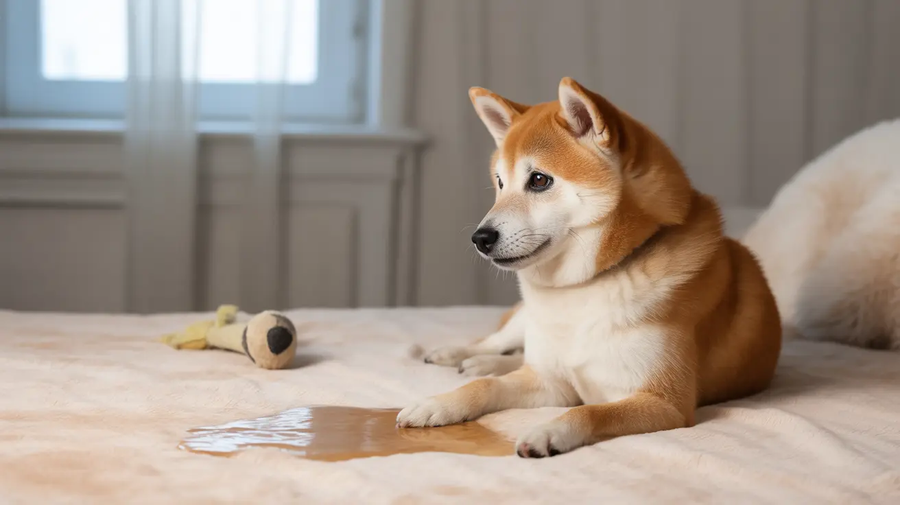 Shiba Inu sitting on a bed with spilled liquid near a toy, looking alert