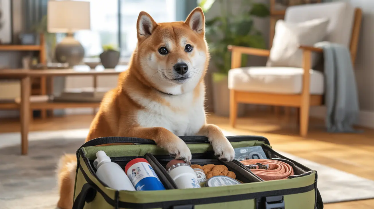 A Shiba Inu sitting upright with its paws on a bag of pet supplies