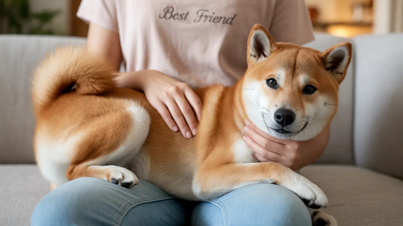 A Shiba Inu dog sitting comfortably on a person's lap, being gently petted at home