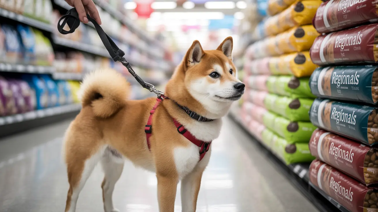 A Shiba Inu standing alert in a pet supply store aisle