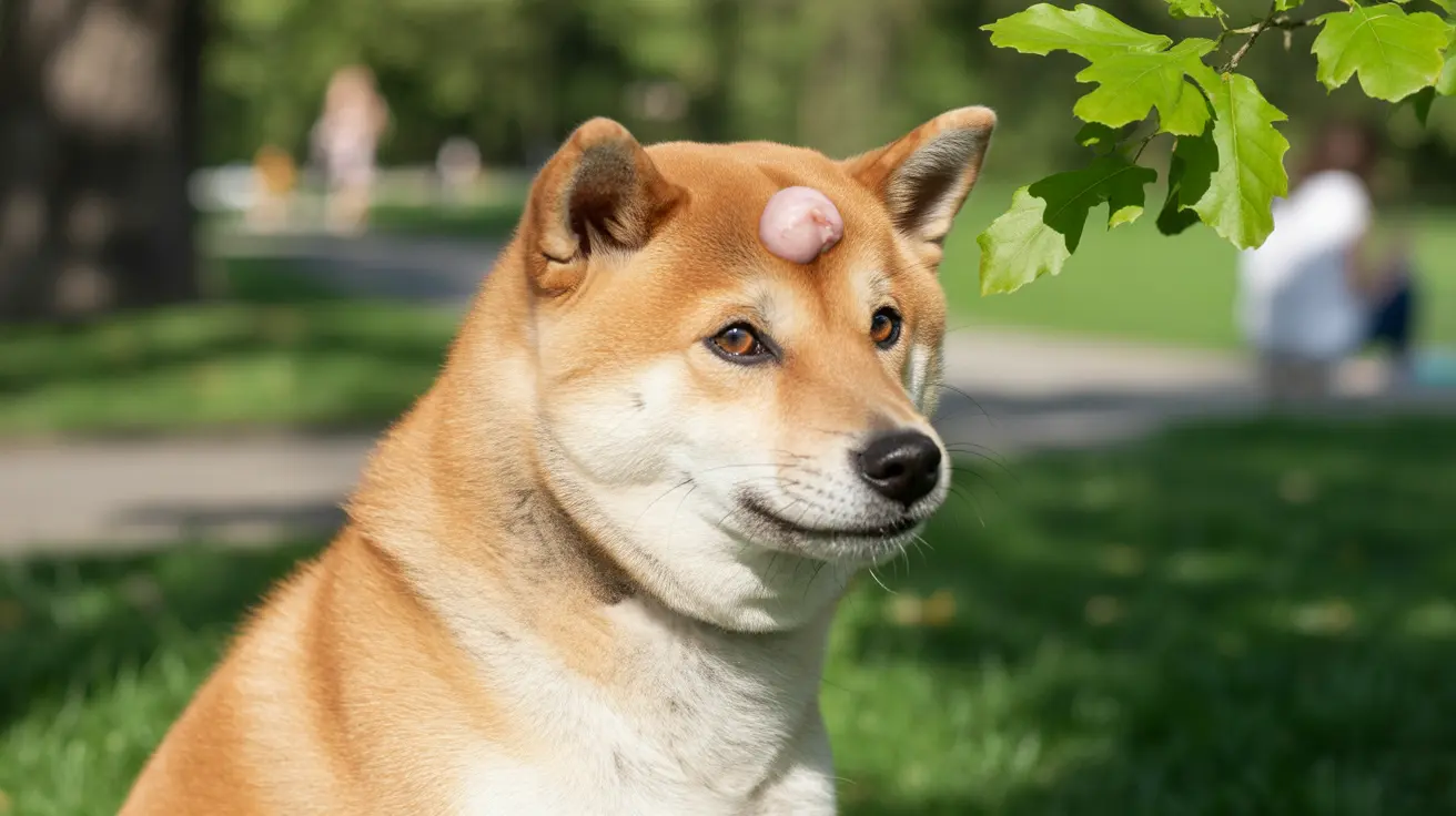 A Shiba Inu with a distinctive pink lump on its forehead sitting alertly in a park setting