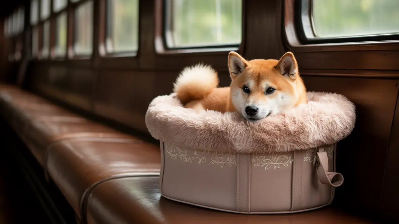 Shiba Inu resting in plush pink travel carrier on a train or bus