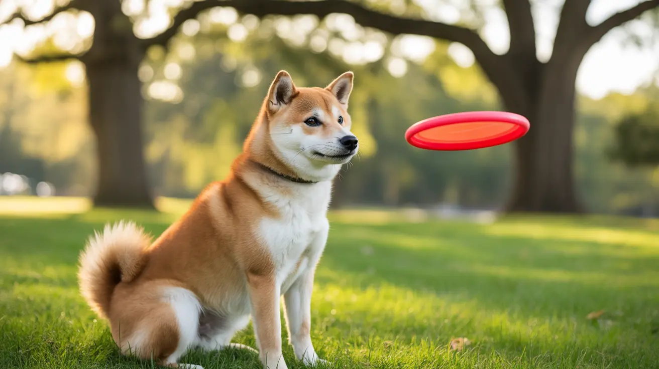Un Shiba Inu está sentado atentamente en un césped mientras un frisbee rojo flota cerca de él.