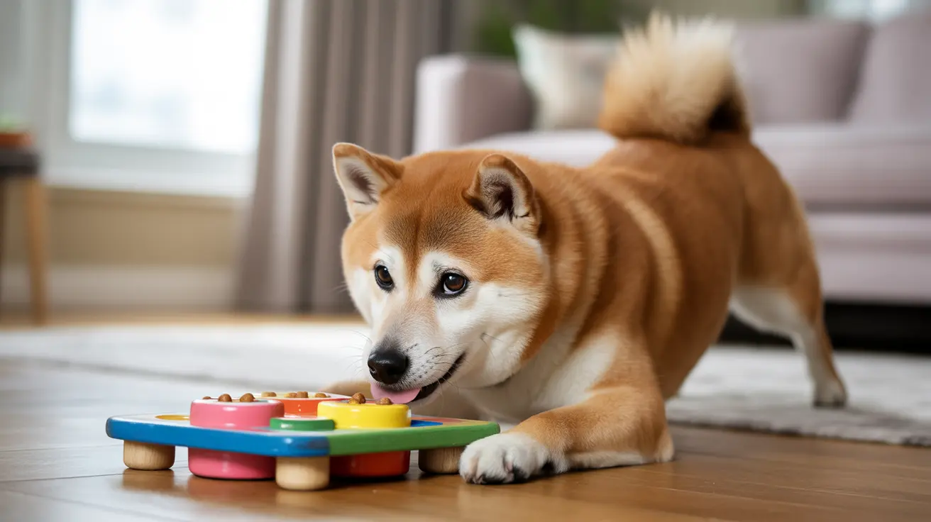 Un Shiba Inu joue avec un jouet puzzle interactif coloré sur un sol en bois dans un salon.