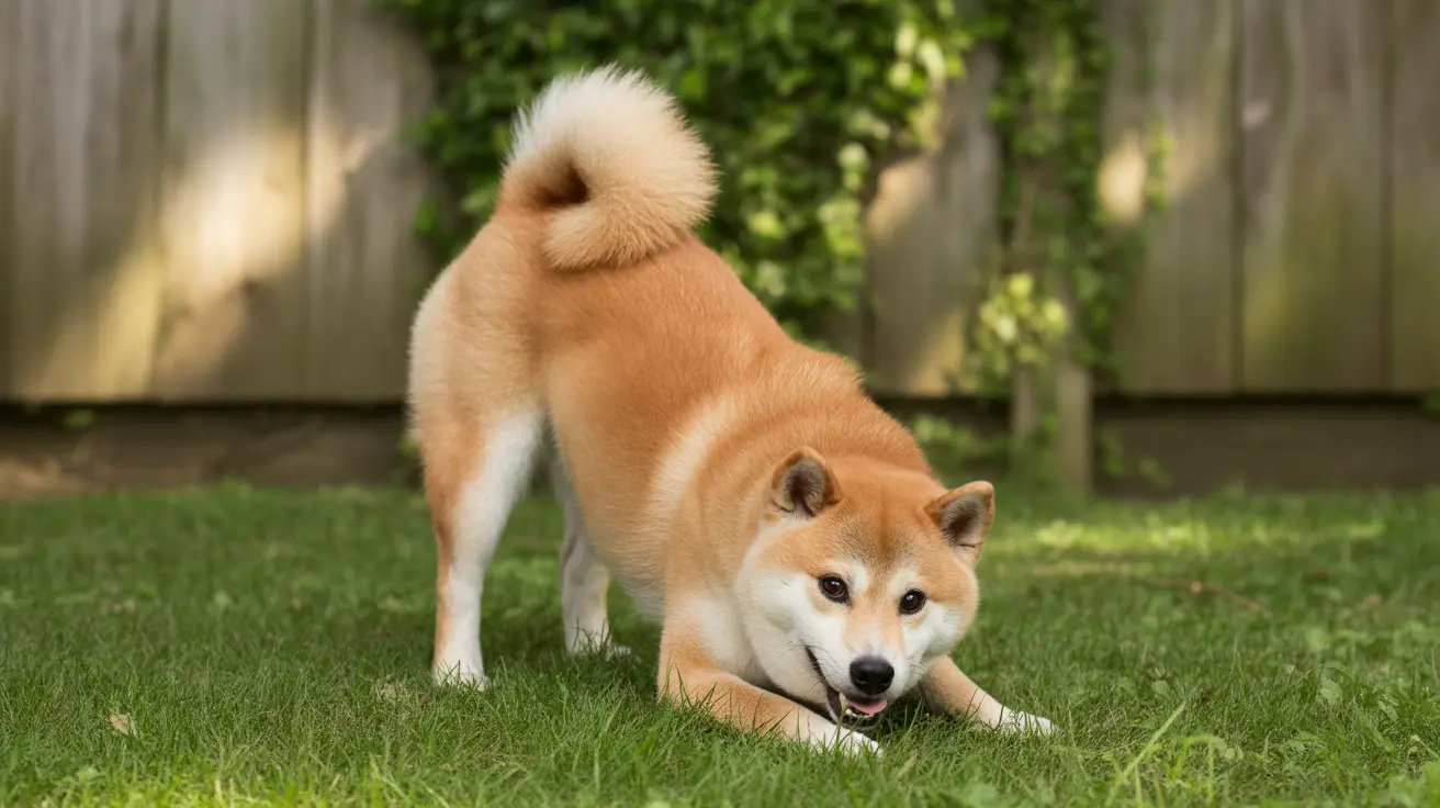 Shiba Inu dog playing with a stick on green grass in a backyard with a curled tail