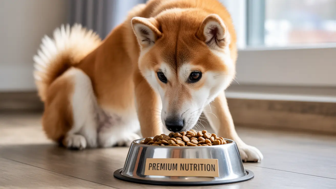 A Shiba Inu dog looking at a bowl of dry dog food labeled 'Premium Nutrition'.