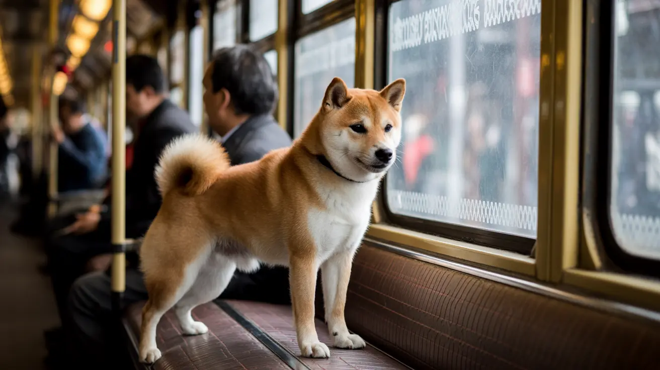 Shiba Inu standing alertly on public transportation with seated passengers in the background