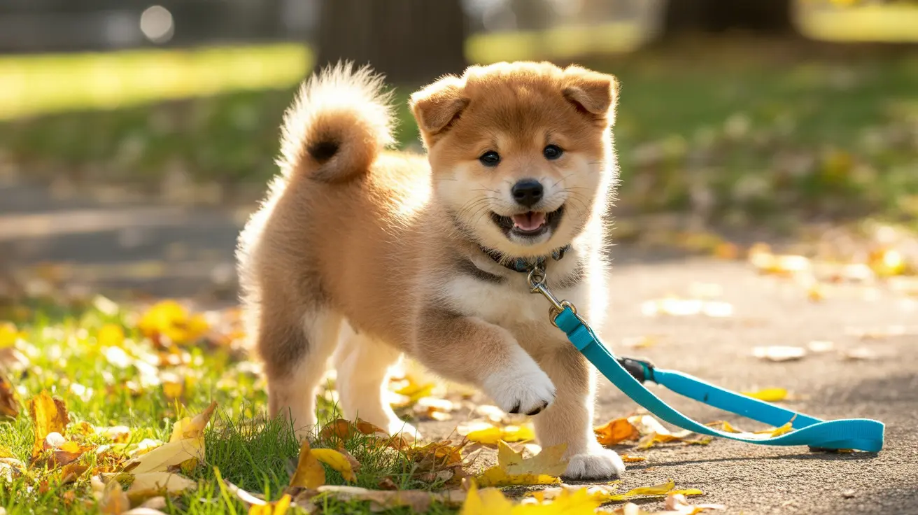 Young Shiba Inu puppy on blue leash exploring autumn leaves on sidewalk