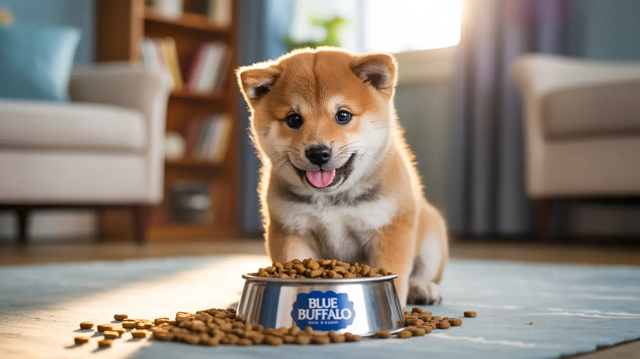 A Shiba Inu puppy beside a Blue Buffalo food bowl
