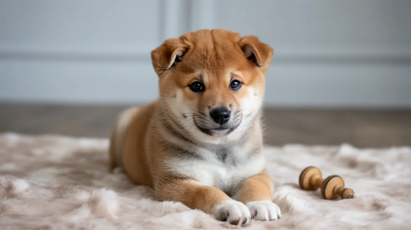 A young Shiba Inu puppy sitting on a furry blanket with a wooden toy nearby
