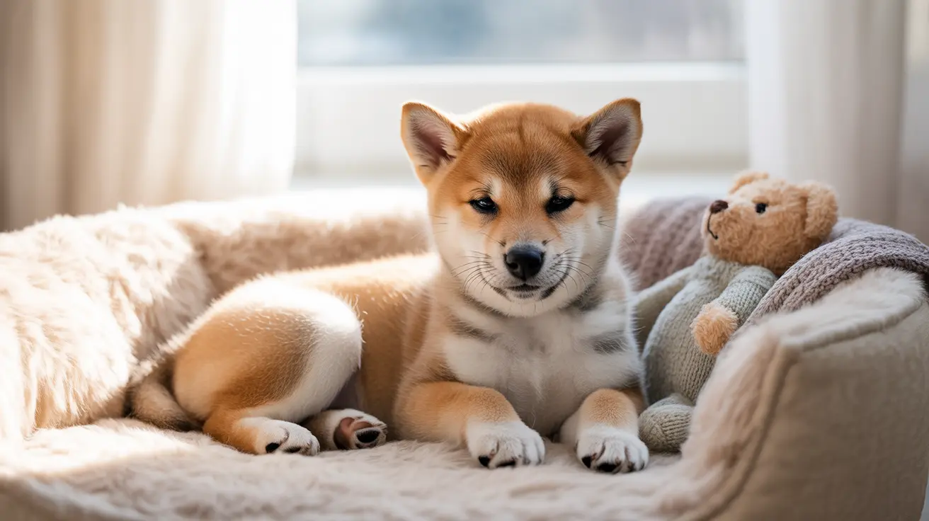 A young Shiba Inu puppy sitting calmly in a soft, cozy bed with a teddy bear nearby.