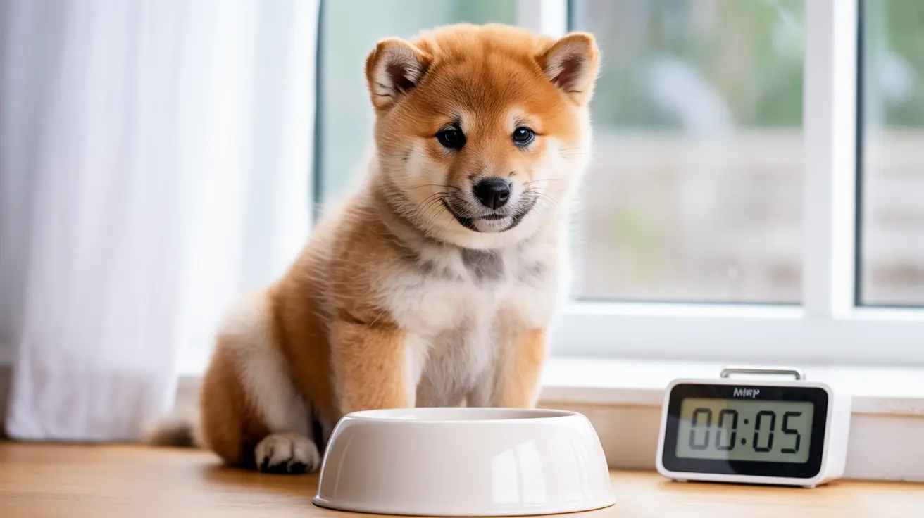 A young Shiba Inu puppy sitting next to a food bowl and digital clock