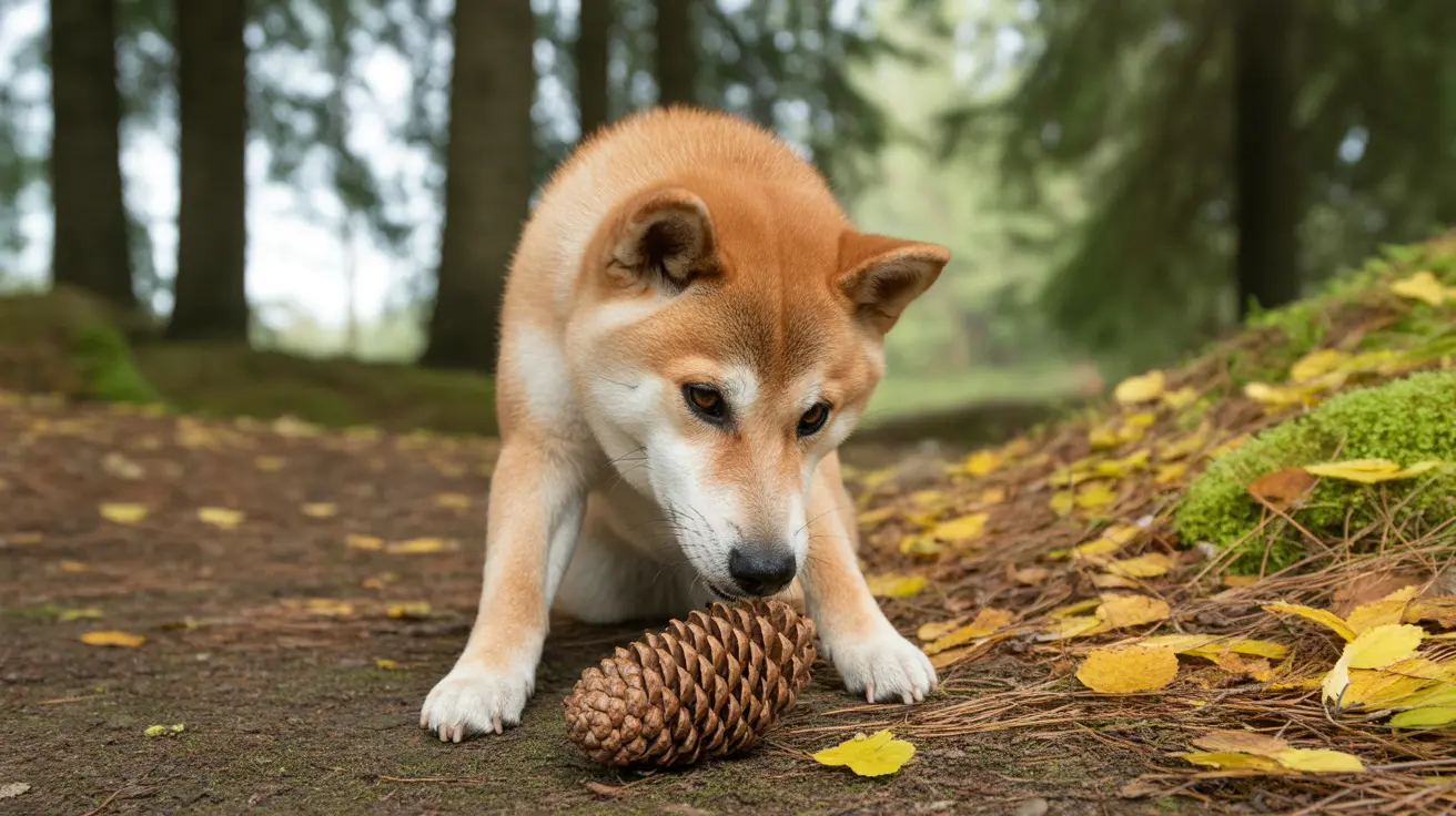 A Shiba Inu puppy exploring a forest floor with a pine cone