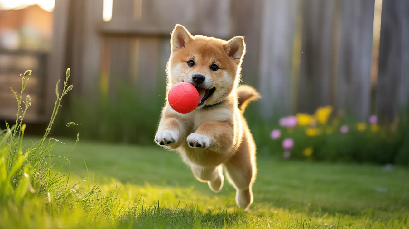 Playful Shiba Inu puppy leaping joyfully in a backyard with a red ball in its mouth