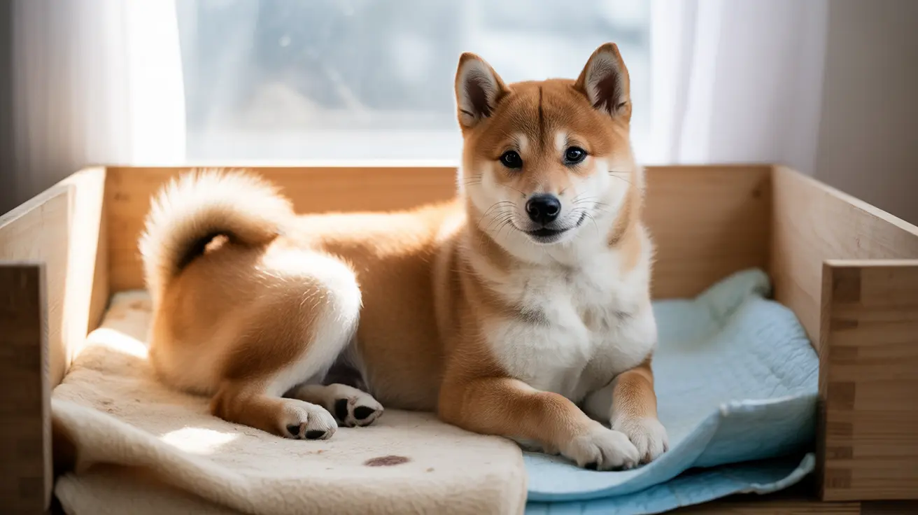 Shiba Inu puppy resting in wooden whelping box with soft bedding