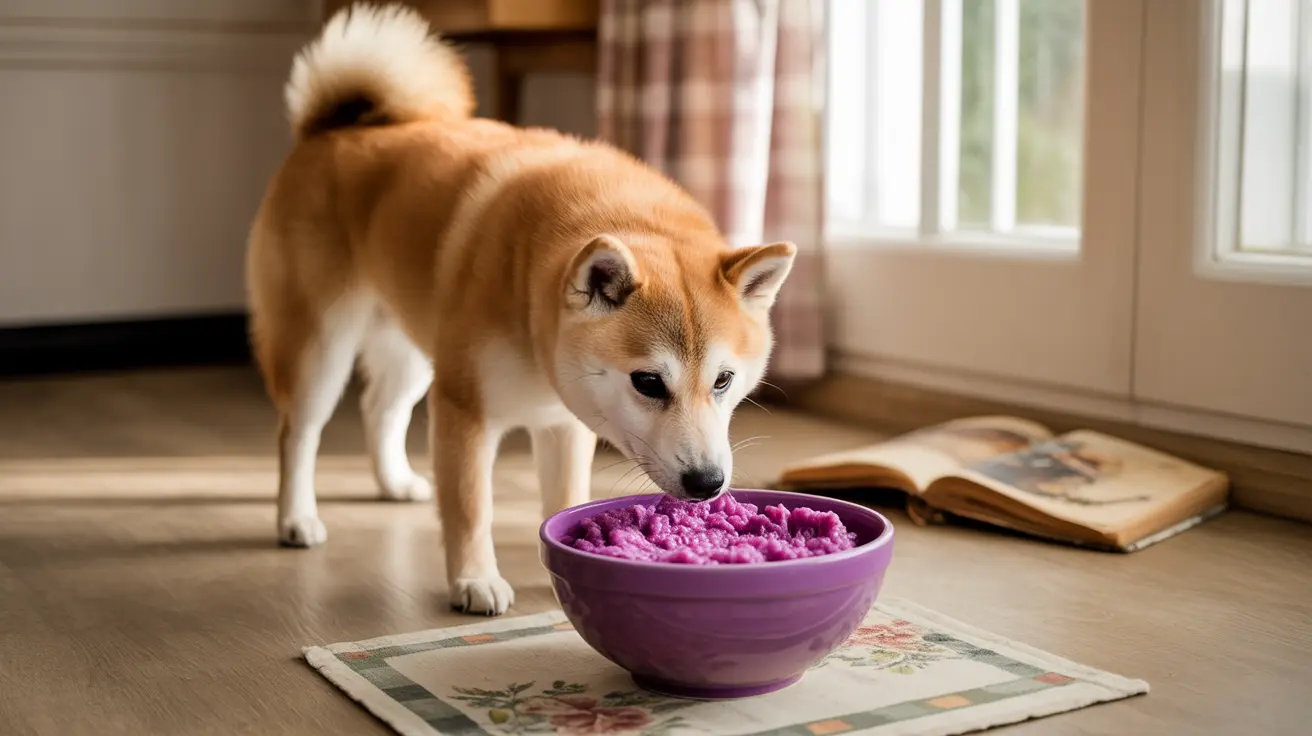 Shiba Inu near a purple bowl with pink/purple food