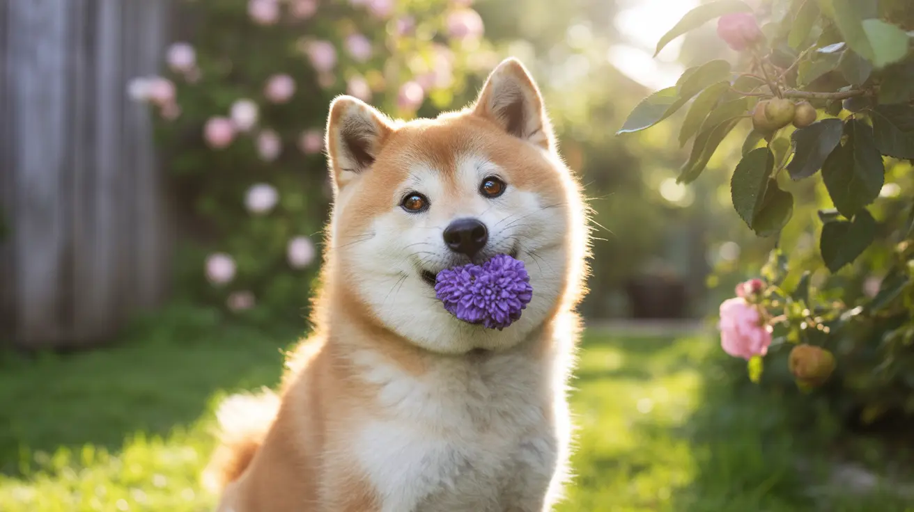A Shiba Inu holding a vibrant purple flower in its mouth while sitting in a sunlit garden