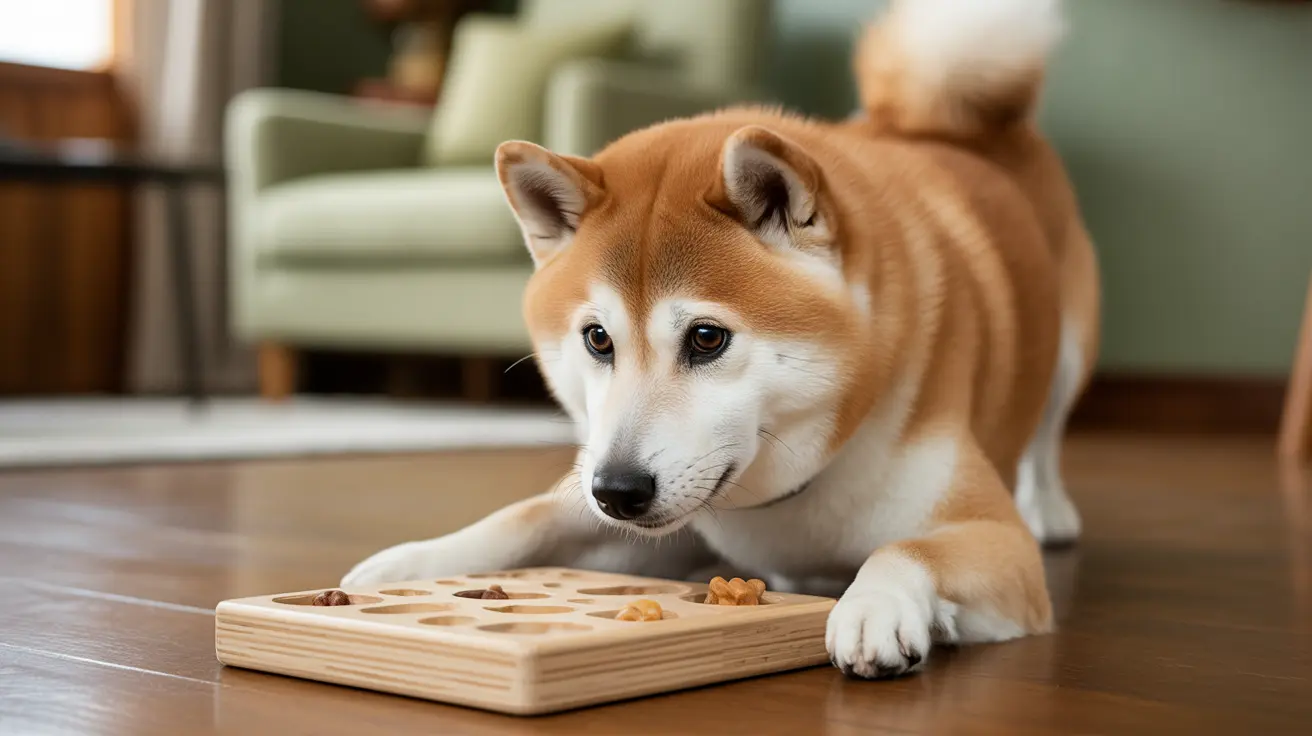 Shiba Inu dog lying on hardwood floor playing with a wooden puzzle toy filled with treats