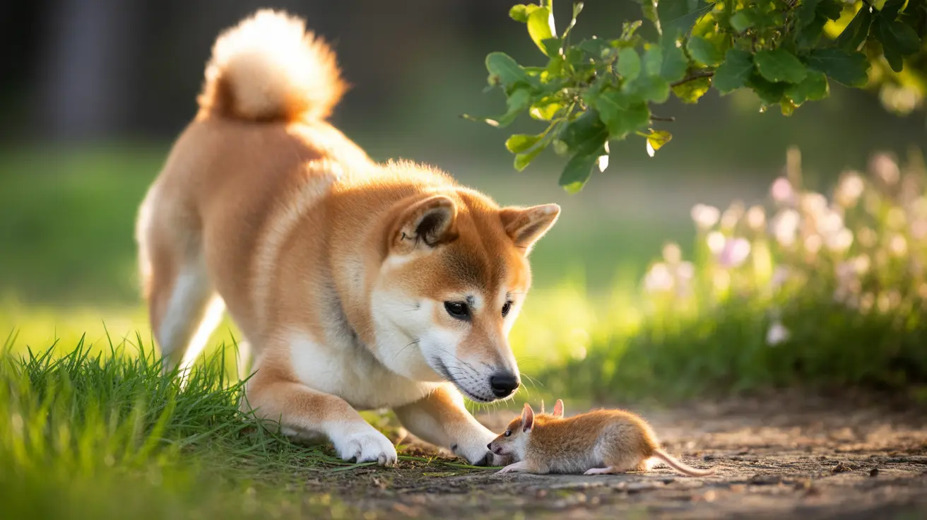 A Shiba Inu dog interacting gently with a small rabbit in a sunlit garden setting