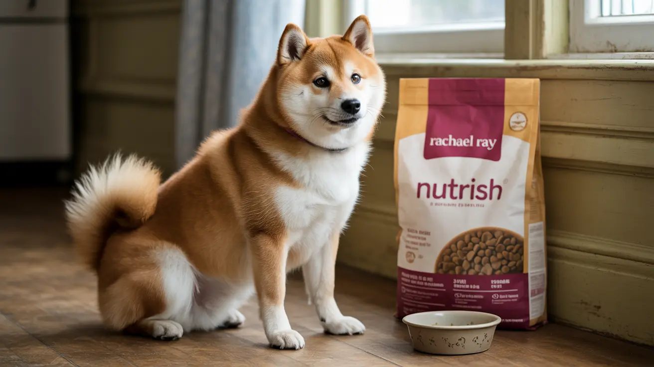 Un perro Shiba Inu sentado junto a una bolsa de comida para perros Rachael Ray Nutrish y un tazón vacío.