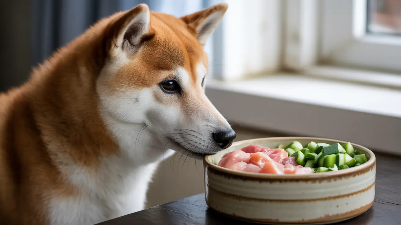 Shiba Inu sitting at table looking at bowl of fresh raw meat and vegetables