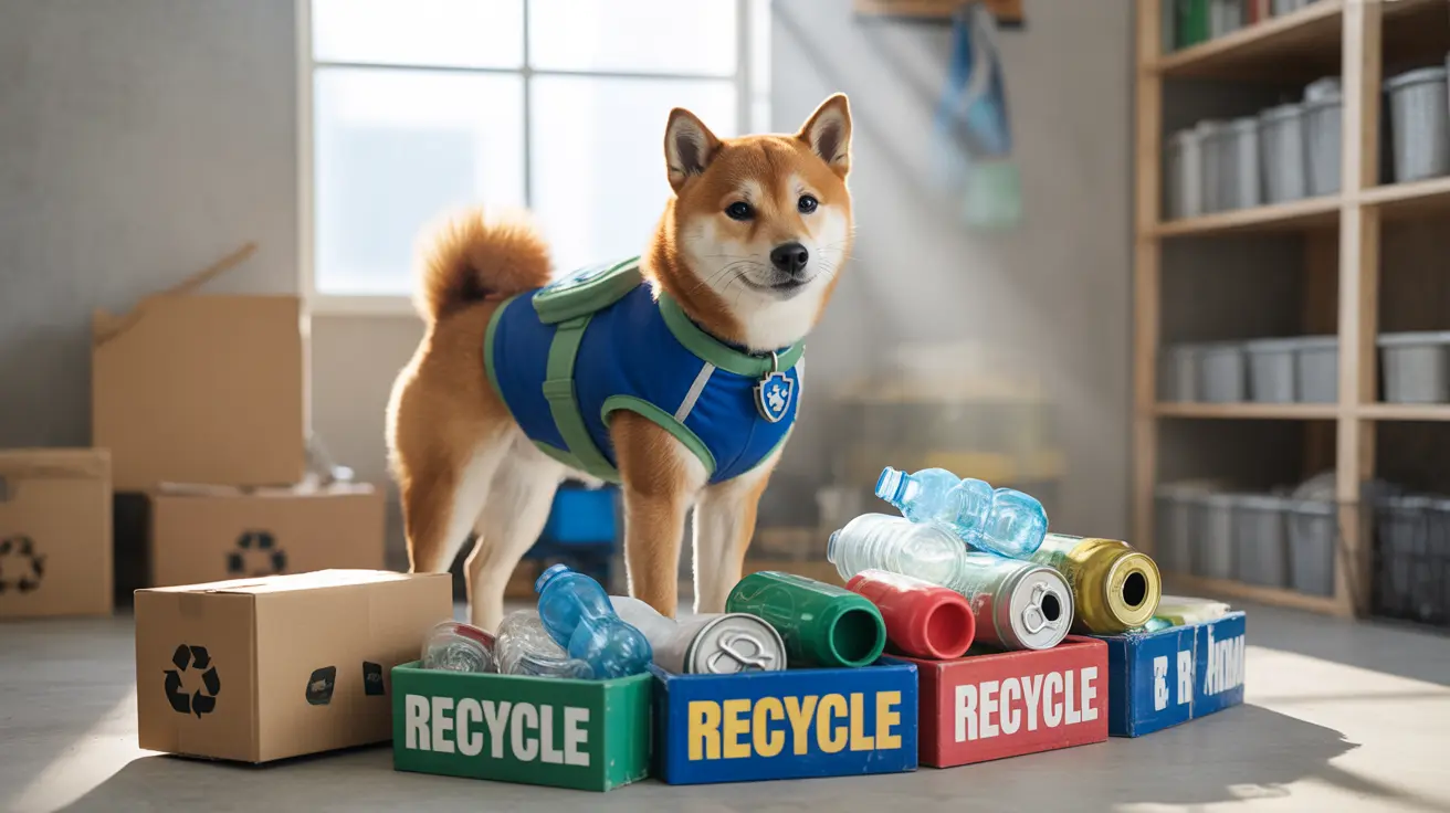 A Shiba Inu dog wearing a blue and green vest near recycling bins