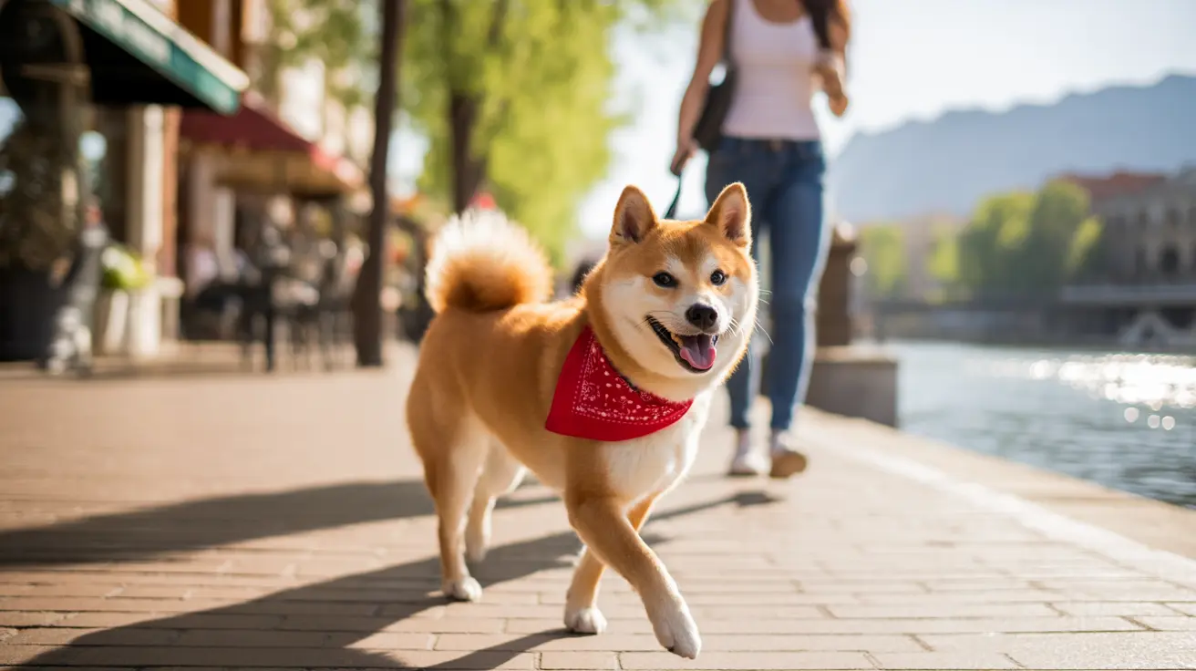 赤いバンダナをつけた幸せそうな柴犬が晴れた都会のウォーターフロントの遊歩道を歩いている様子