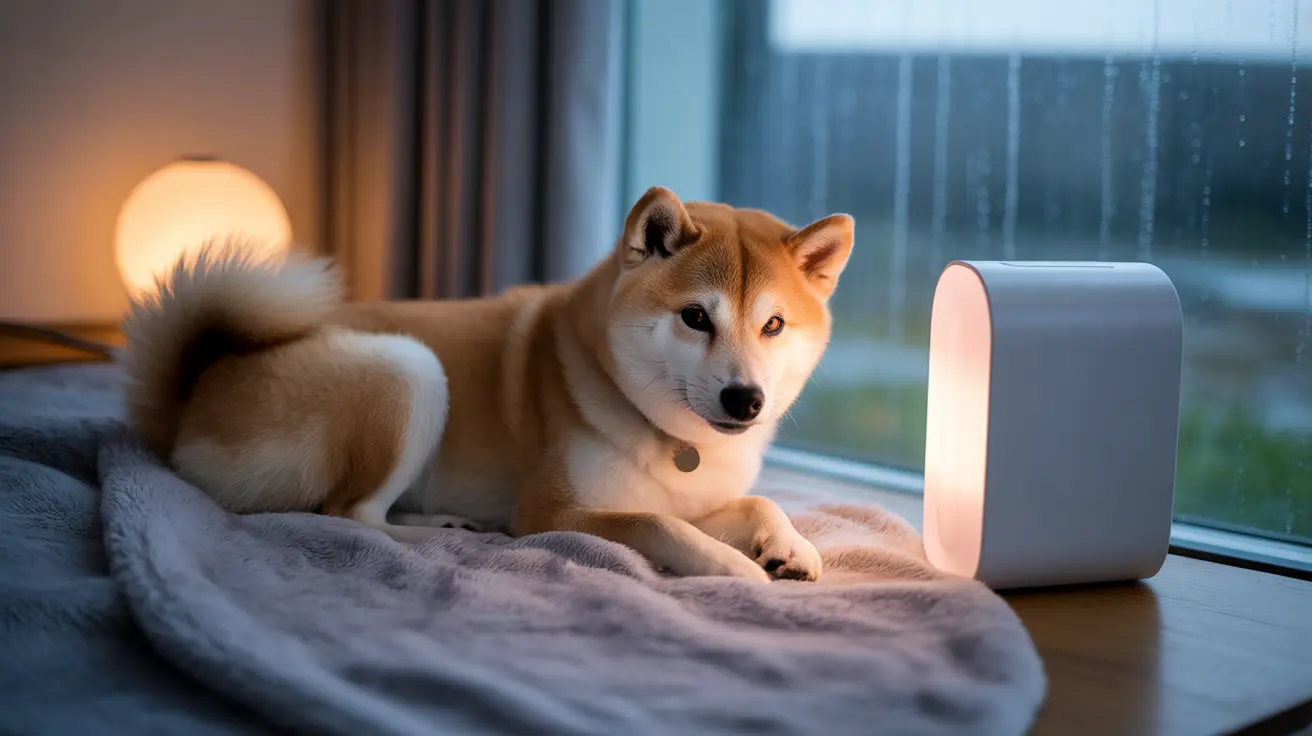 雨の日の窓際で柔らかいグレーの毛布の上にくつろぐ柴犬。暖かい環境光が包んでいる様子。