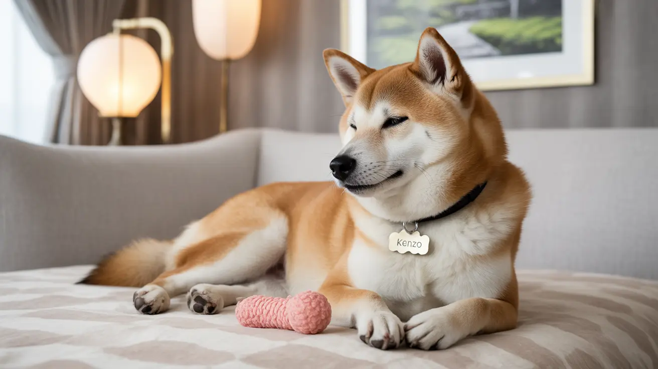 A serene Shiba Inu resting on a couch with a pink toy nearby
