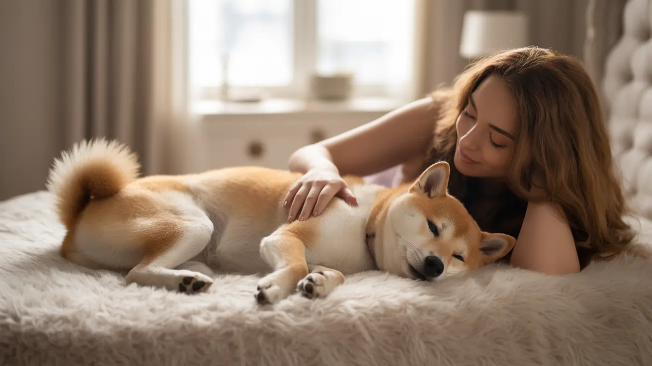 A cozy moment of a Shiba Inu and a companion resting together on a soft, furry bed near a window
