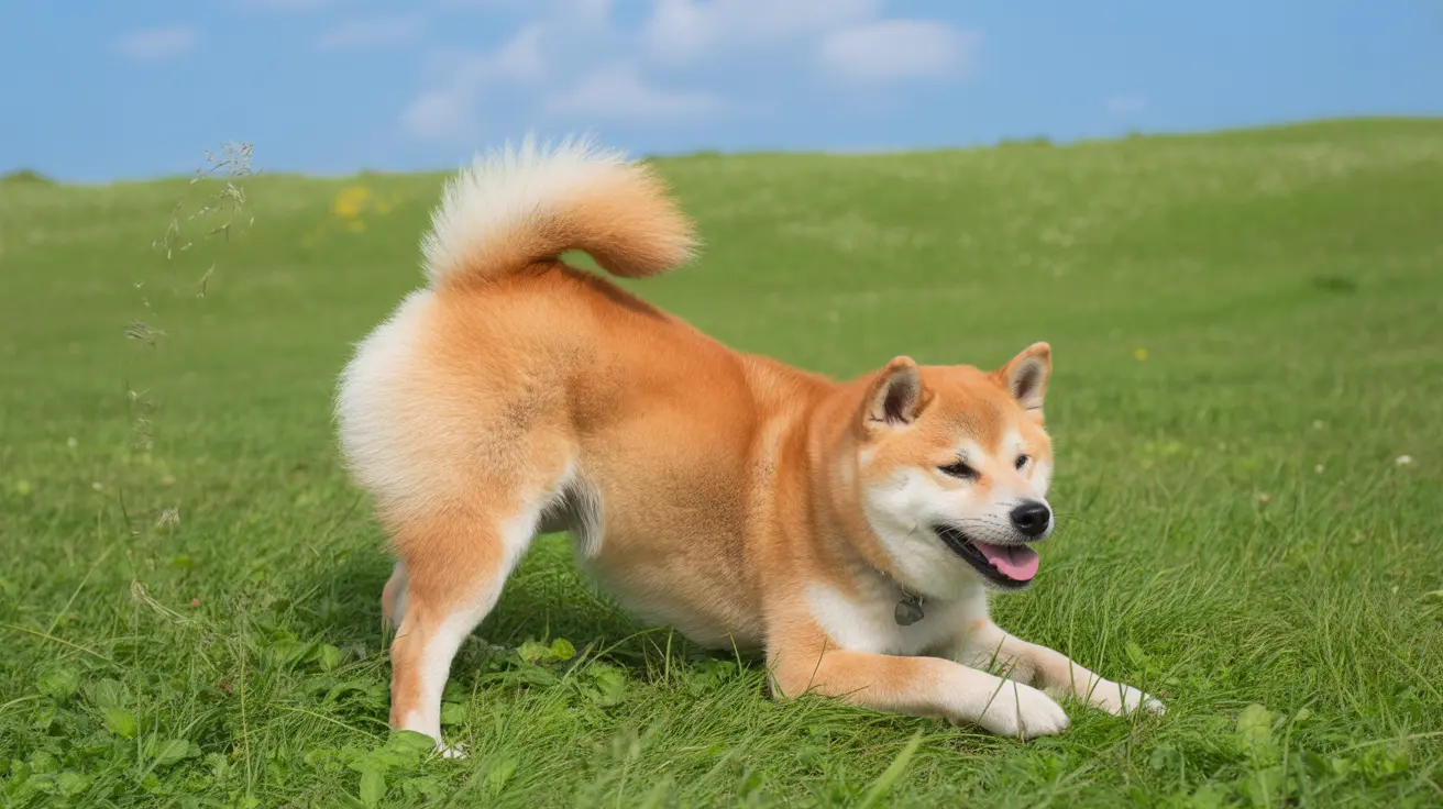Shiba Inu dog resting on a lush green grassy field under a blue sky