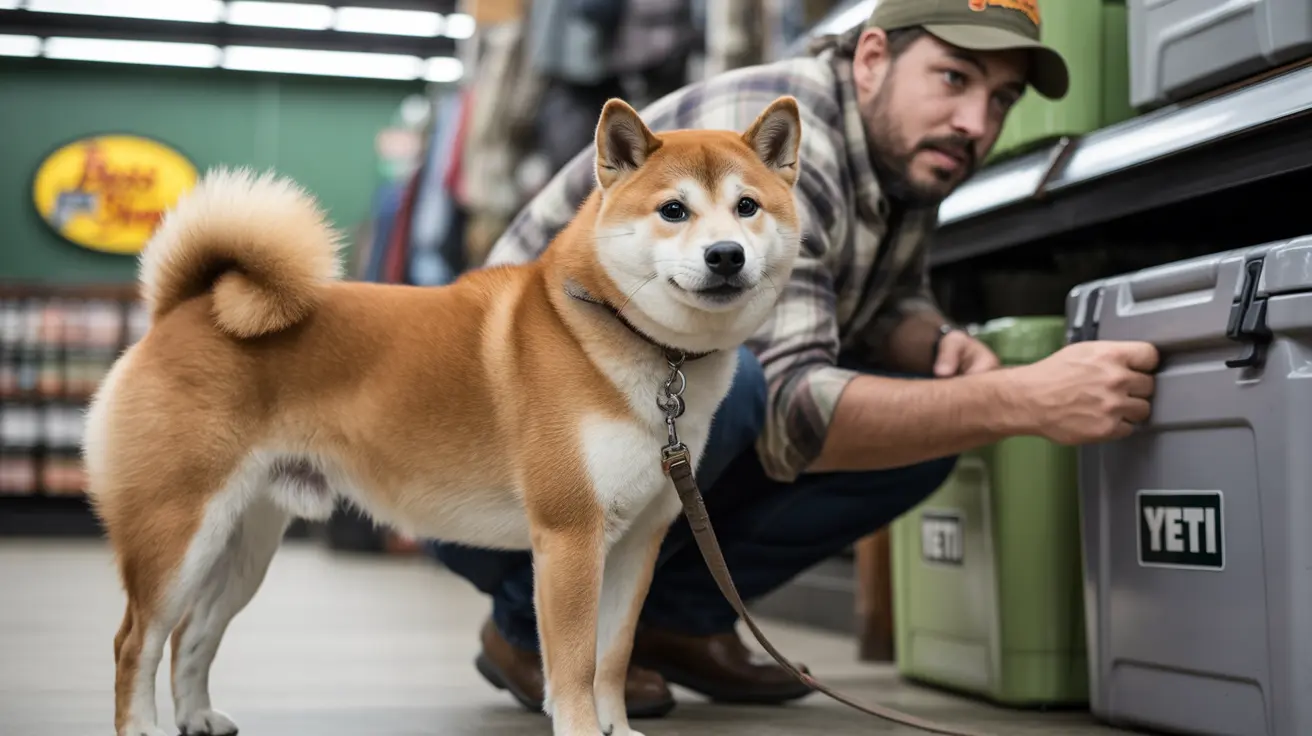 Um Shiba Inu em pé confiante em uma loja de varejo com uma pessoa ao fundo