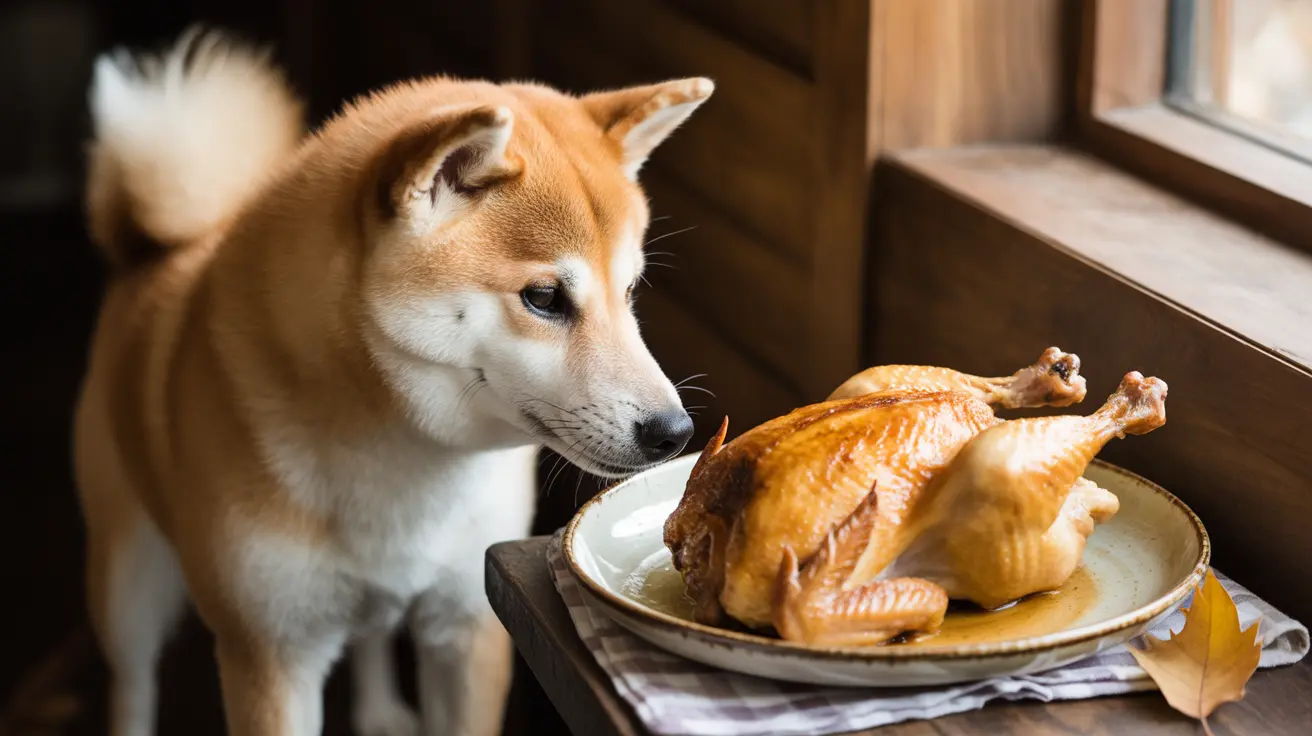 A Shiba Inu dog intently gazing at a golden-brown roasted whole chicken on a plate