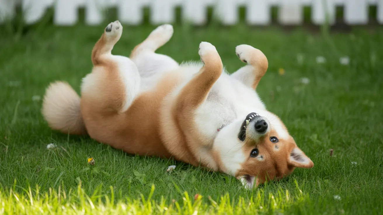 Un Shiba Inu juguetón rodando sobre su espalda en un jardín de césped, luciendo adorable y relajado.