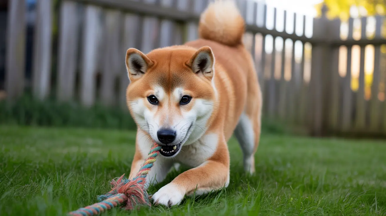Shiba Inu lying on green grass playing with a colorful rope toy in a backyard