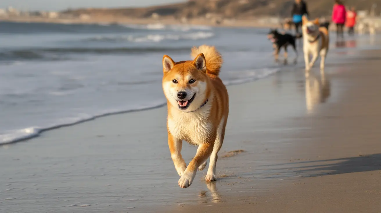 Un Shiba Inu feliz corriendo juguetonamente a lo largo de la orilla de una playa
