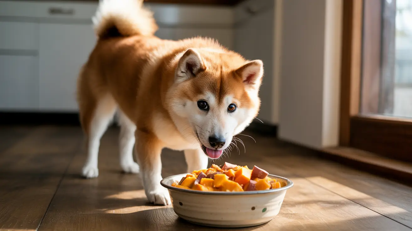 柴犬が角切りのオレンジ色と黄色の果物や野菜が入ったボウルの横に立っている様子
