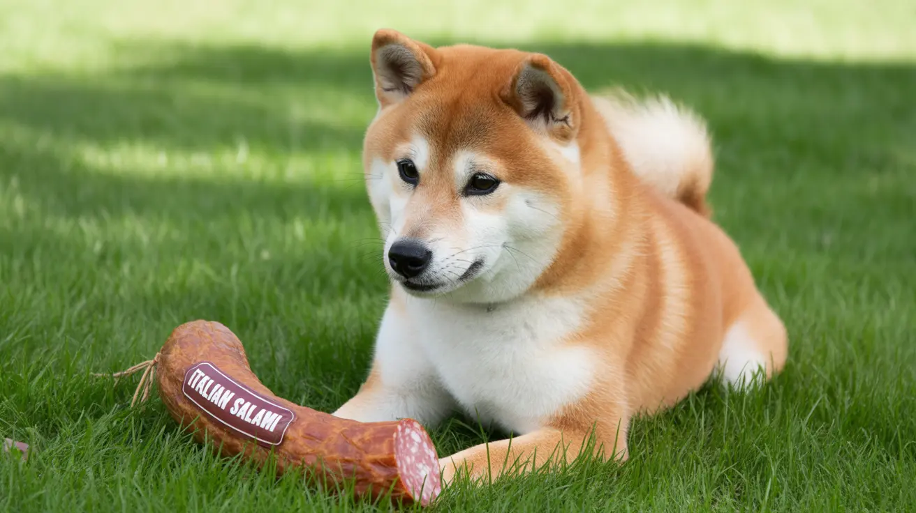 A Shiba Inu dog sitting on a green lawn beside an Italian salami