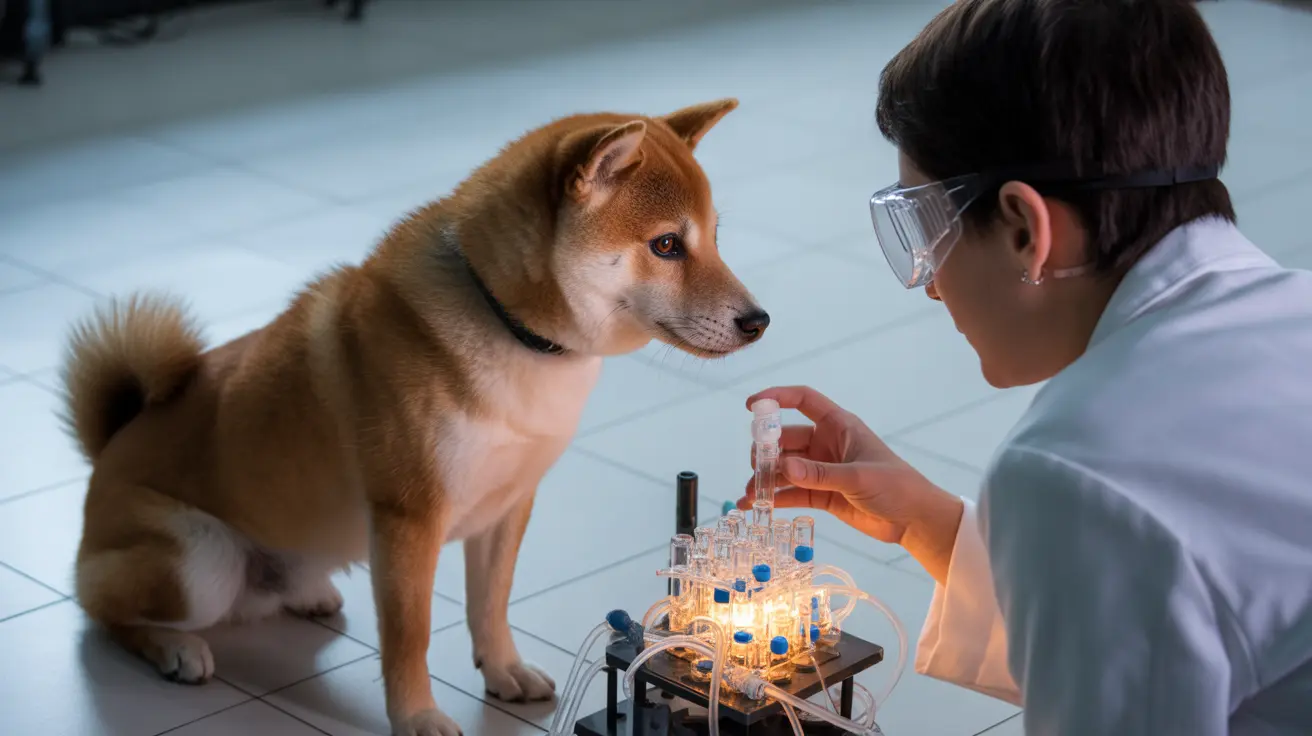 Un perro Shiba Inu sentado atentamente junto a un científico que realiza un experimento con cristalería y luz