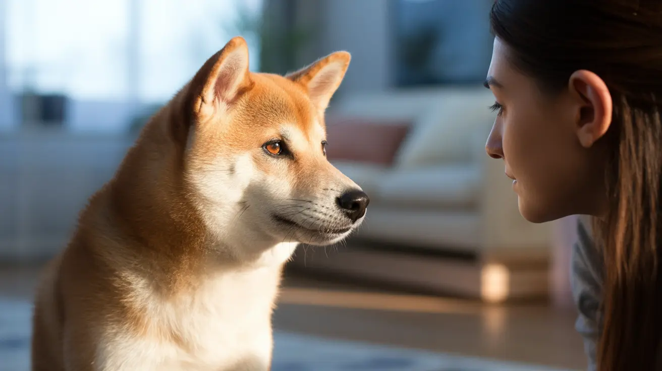 A golden-orange Shiba Inu dog sitting attentively and looking directly at a person in an indoor setting