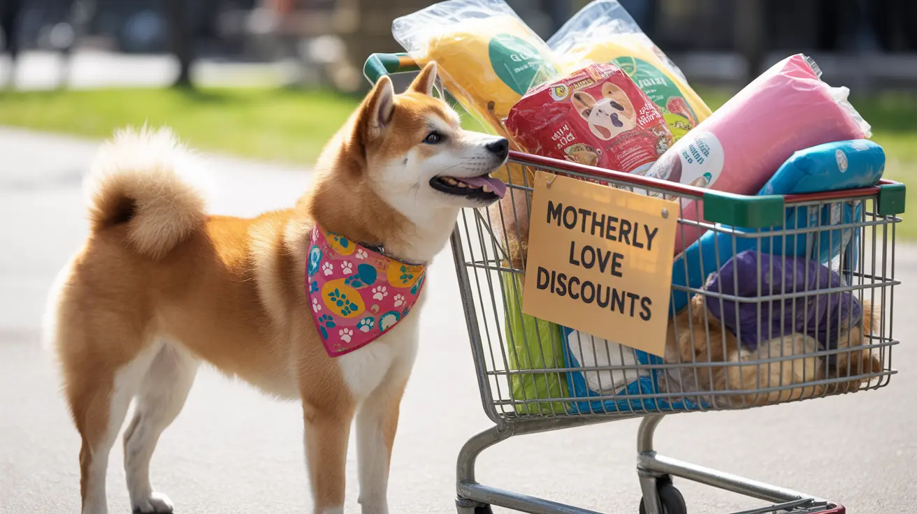 A Shiba Inu next to shopping cart with pet supplies, colorful paw print bandana