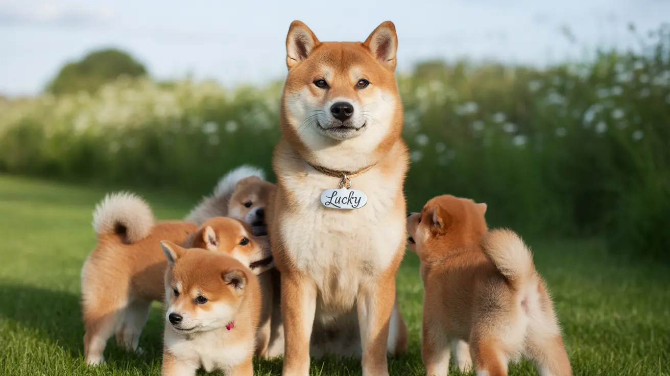Group of Shiba Inu dogs in a field with one wearing 'Lucky' tag